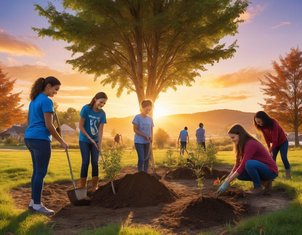 A diverse group of friends of various ages and backgrounds joyfully working together on a community project, planting trees and sharing supplies. In the background, a vibrant sunset illuminates the scene, symbolizing hope and transformation, with a clear blue sky. Text elements such as 'Friendship' and 'Goodwill' are artistically incorporated into the landscape. The scene exudes warmth and positivity. super-realistic. warm colors. nature-inspired.