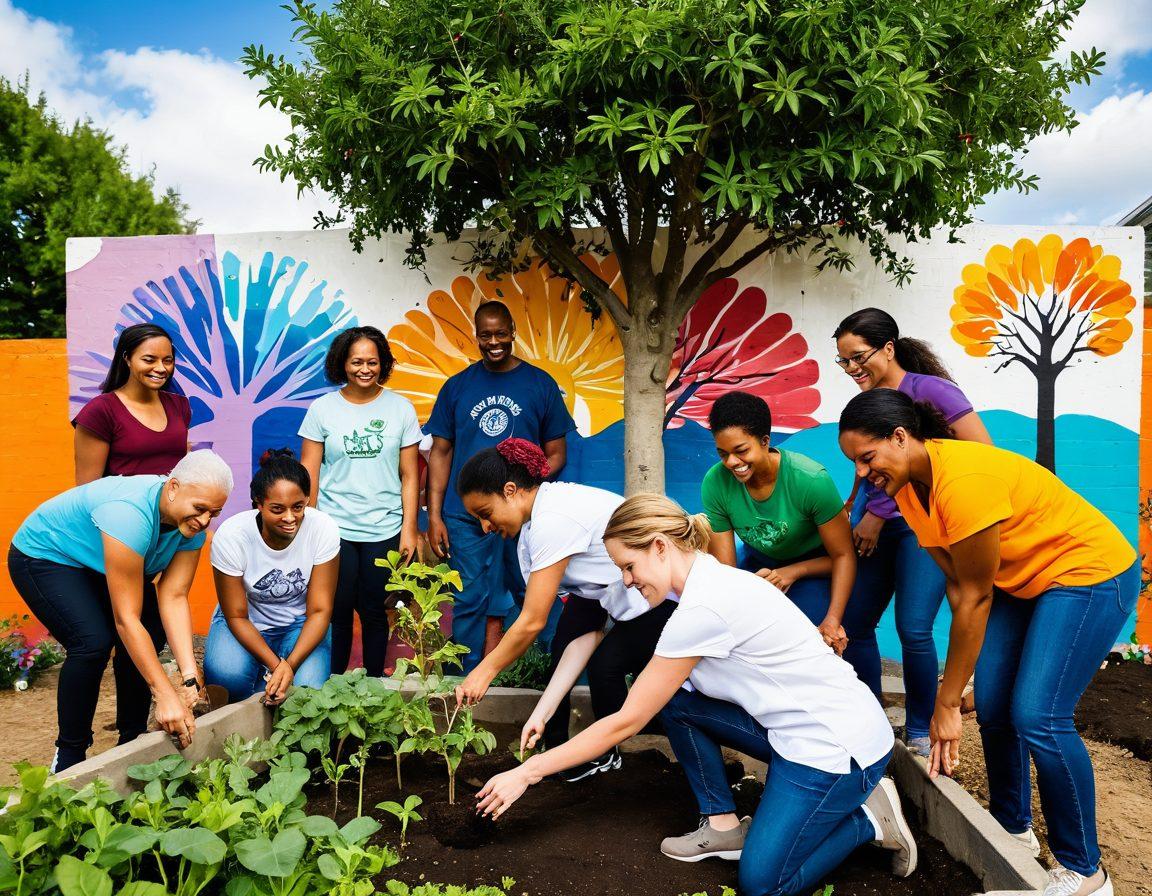 A diverse group of people from different backgrounds collaborating in a vibrant community garden, planting seeds together while showing expressions of joy and determination. In the background, a mural depicting symbols of hope and resilience, such as a tree growing from cracked concrete, symbolizes strength through unity. Bright and inviting colors to evoke a sense of optimism and togetherness. super-realistic. vibrant colors. white background.